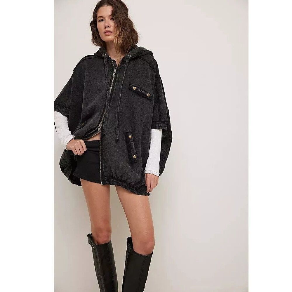 Free People We The Free What's Next Poncho Vest Jacket Hoodie Cotton L 282673 - Picture 2 of 9